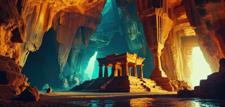 Ancient temple in the cave. 3d rendering. Computer digital drawing.の素材