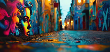 Portrait of a beautiful girl in a street decorated with graffiti.の素材
