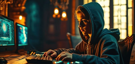 Portrait of a young hacker in a hoodie working on a computer in a dark room.の素材