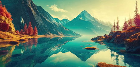 Fantastic autumn landscape with lake and mountains. 3d renderingの素材