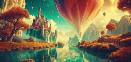 Fantasy landscape with castle and hot air balloons flying in the sky. 3D illustrationの素材