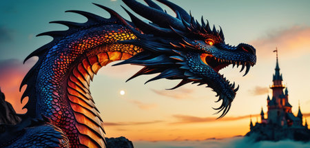 Dragon in the sky at sunset. 3D rendering. Fantasy dragon.の素材
