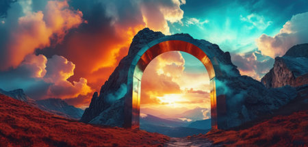 3D illustration of open door in the sky with sun rays.の素材