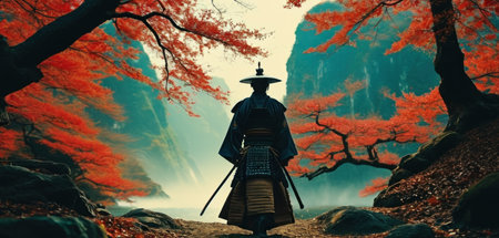 Japanese samurai warrior with sword and katana sword on the background of autumn forestの素材