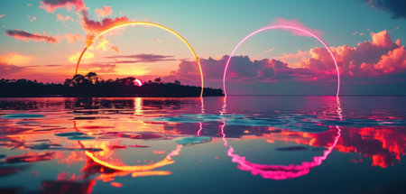 Sunset over the sea with reflection in water. 3d renderの素材