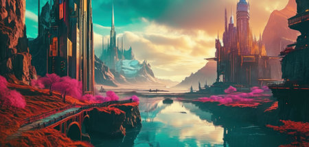 Fantasy alien planet. Mountain and lake. 3D illustration.の素材