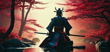 Japanese samurai with sword in the lake. 3d render illustration.の素材