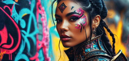 Portrait of a beautiful girl with bright make-up and creative hairstyle.の素材