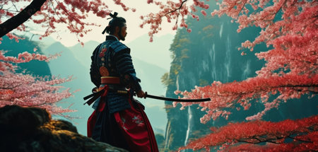 Samurai in kimono against the background of the mountain landscapeの素材