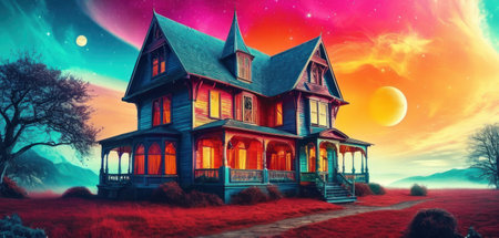 Haunted house in the meadow. Halloween concept. 3D renderingの素材