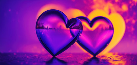 Two glass hearts on a purple background with a beautiful bokehの素材