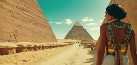 Beautiful young woman visiting ancient ruins of Giza, Egypt.の素材