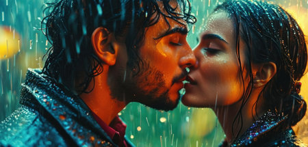 Beautiful young couple kissing under the rain. Close-up.の素材