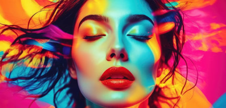 Fashion shot of a beautiful woman with bright make-up.の素材