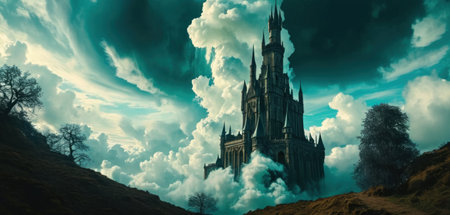 Magic fantasy landscape with castle in the clouds. 3D illustration.の素材