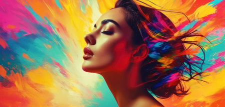 Beautiful young woman with bright make-up and colorful hair.の素材