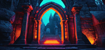 Ruins of ancient temple in neon light. 3d rendering.の素材