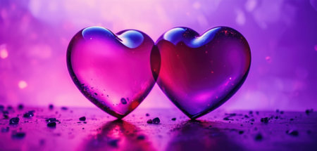 Two hearts on a purple background with bokeh. Valentine's day concept.の素材