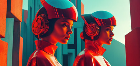 3d rendering of two futuristic people in red and blue helmet.の素材