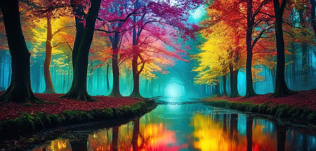 Autumn landscape with colorful forest and river in the morning mist.の素材