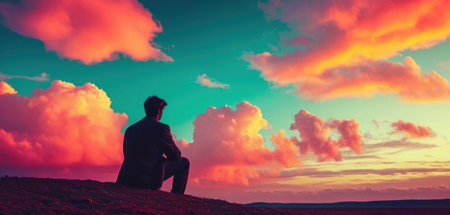 Silhouette of a man sitting on the edge of a cliff with clouds in the backgroundの素材