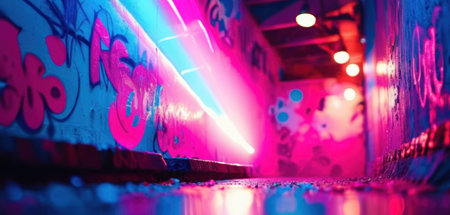 Underground passage with graffiti and lights at night. Abstract urban backgroundの素材