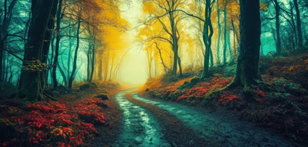 Autumn forest with fog and dirt road. Colorful autumn landscapeの素材