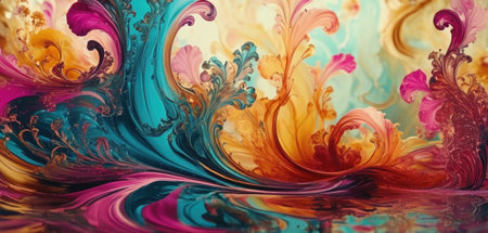 abstract background with colorful paint splashes and swirls in waterの素材