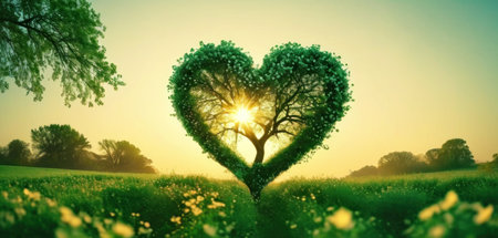 Heart shaped tree on green meadow and yellow dandelion flowersの素材