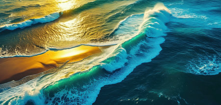 Aerial view of ocean waves and sandy beach at sunset. Top viewの素材