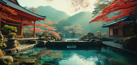 Japanese garden with pond and pagoda. Panoramic view.の素材