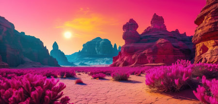 Beautiful desert landscape at sunset. 3D rendering. Computer digital drawing.の素材