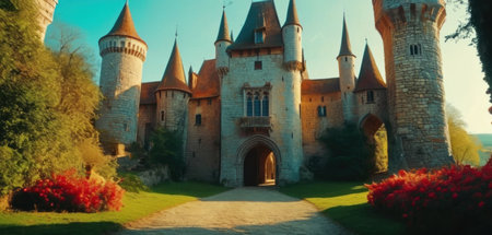 Panoramic view of medieval castle in a sunny day. Panorama of medieval castle.の素材