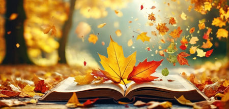 Open book with autumn leaves and bokeh background. Autumn conceptの素材