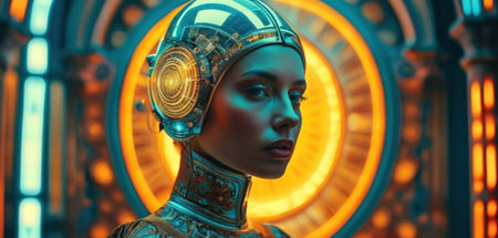 3d rendering of cyborg woman in futuristic cyborg space stationの素材