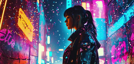 Portrait of a girl in a neon light on the background of night city.の素材