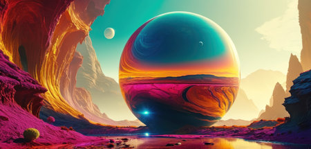 Fantasy alien planet. Mountain and lake. 3D illustration.の素材