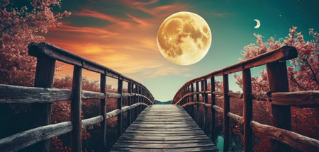 Wooden bridge over the river in autumn forest with full moon.の素材