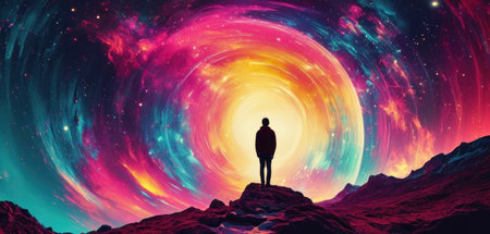 Silhouette of a man standing on the edge of a mountain and looking at the milky wayの素材