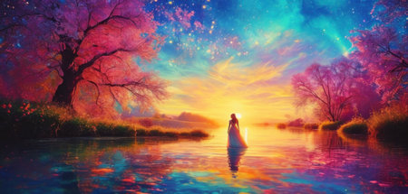 Beautiful girl in a pink dress on the background of a beautiful sunsetの素材