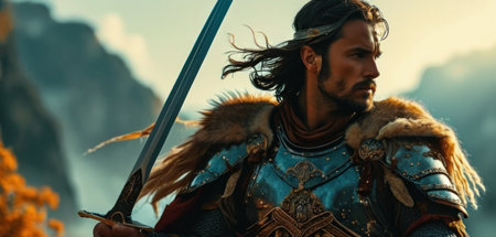 Medieval knight in armor on the background of the mountains. Medieval warrior.の素材