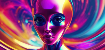 3d illustration of futuristic cyborg woman face over colorful background.の素材