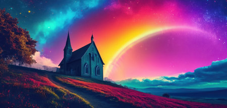 Church in the meadow. Colorful fantasy landscape. 3d renderの素材