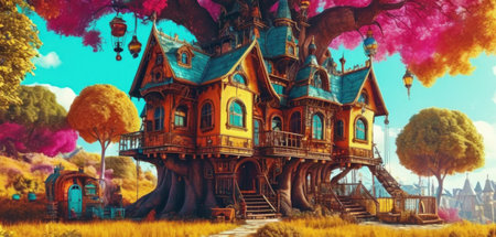 Fantasy fairy tale castle in the field. Digital painting. Illustration.の素材