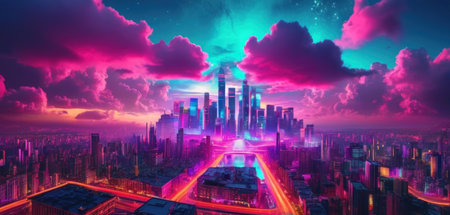 Futuristic city with neon lights. 3d render illustration.の素材