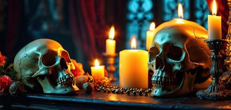Still life with human skull, candles and candlesticks on dark backgroundの素材