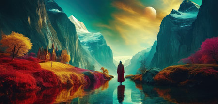 Fantasy landscape with a girl in a red dress. 3D renderingの素材
