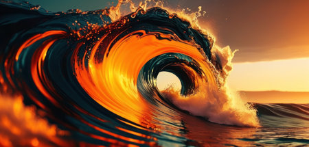 Surfing ocean wave at sunset. 3d rendering and illustration.の素材