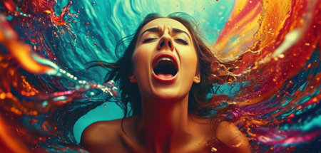 Portrait of emotional young woman screaming in colorful water. Studio shot.の素材