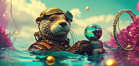 Vintage toy otter in the steampunk costume on a background of flowersの素材